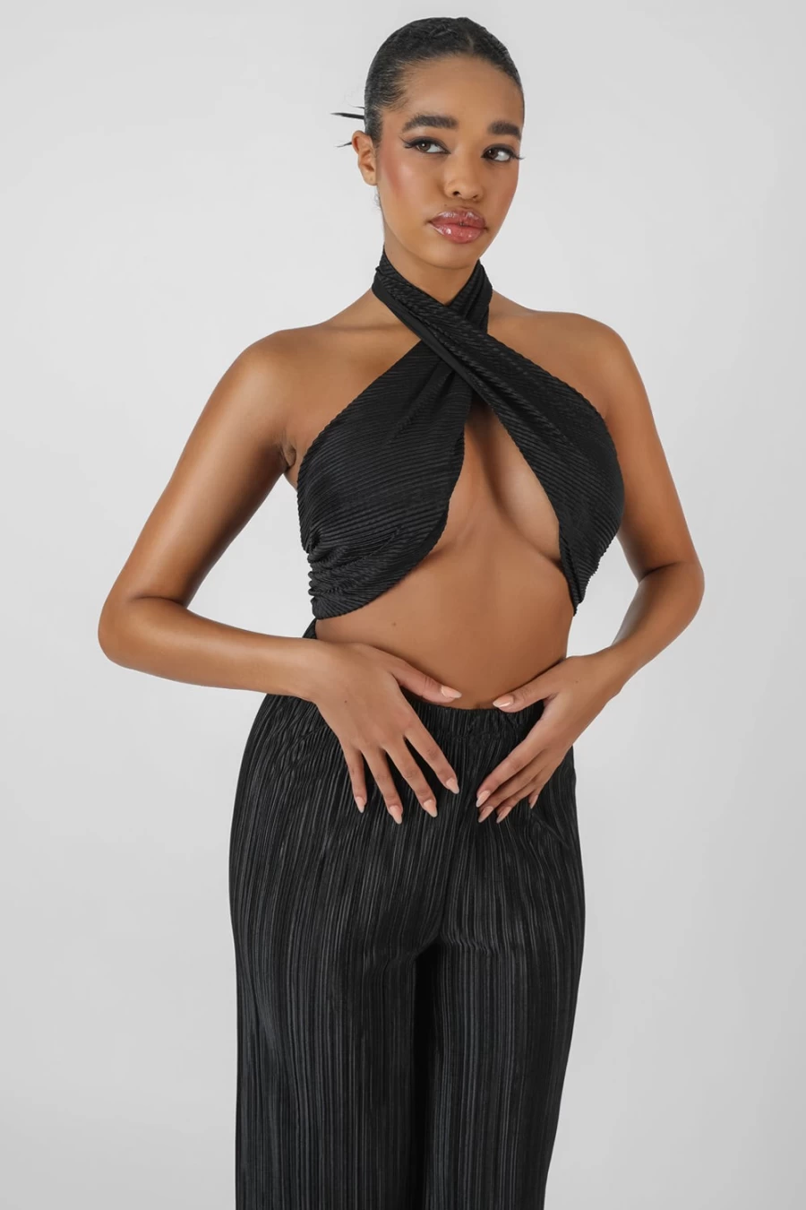 "Public Desire Women's Black Plisse Wrap Underbust Top - Stylish & Comfortable"
