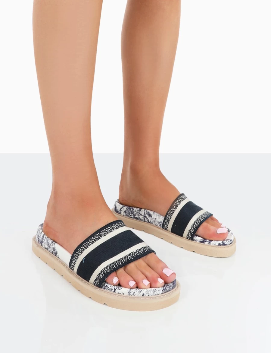 Public Desire Women's Navy Toile Embroidered Slide Sandals