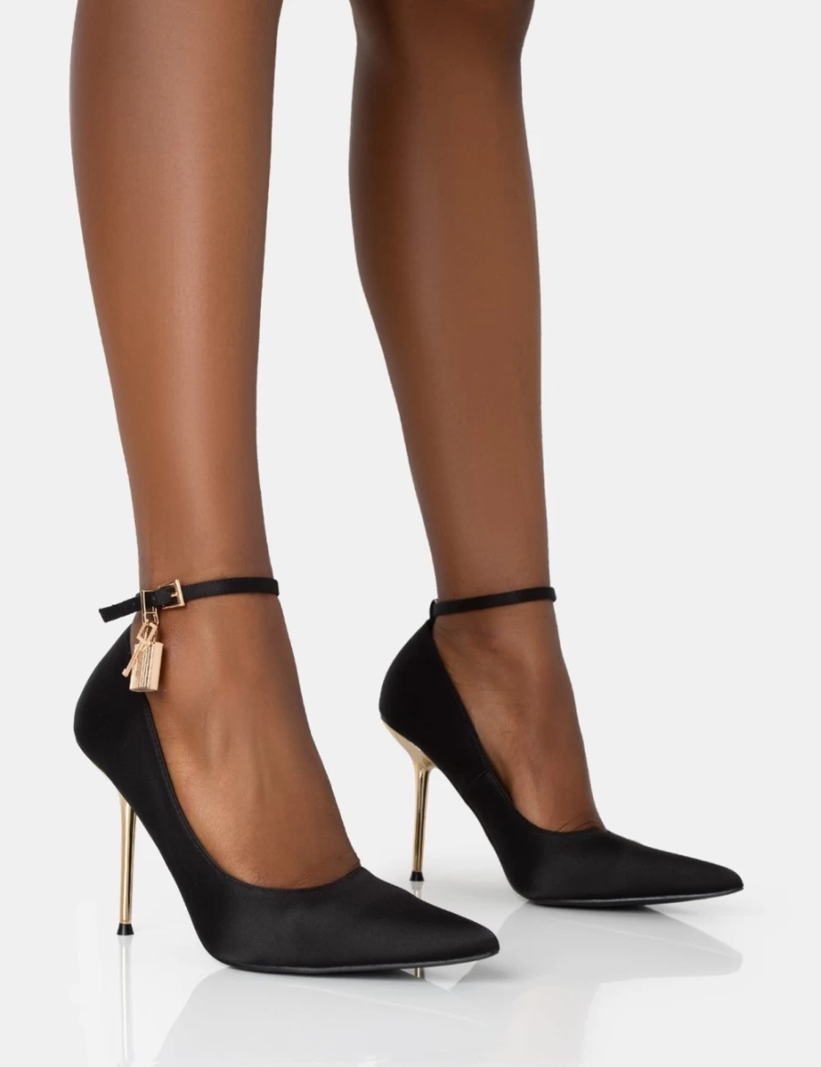 Public Desire Lotty Black Satin Stiletto Heels with Ankle Strap & Padlock Detail for Women