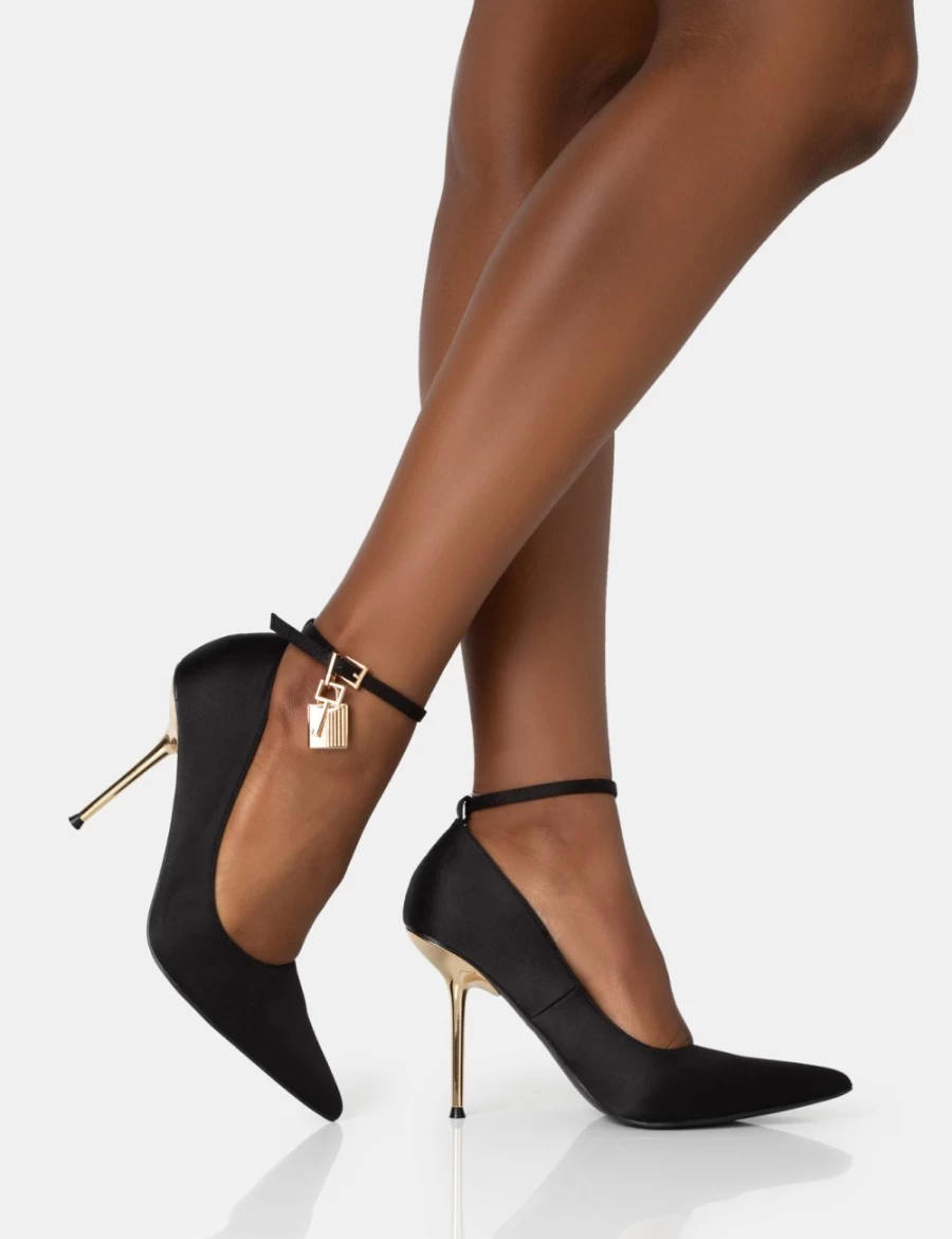 Public Desire Lotty Black Satin Stiletto Heels with Ankle Strap & Padlock Detail for Women