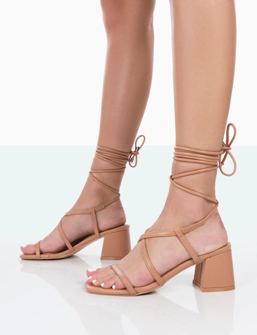 Public Desire Women's Mabel Nude Wide Fit PU Ankle Tie Mid Block Heel Sandals