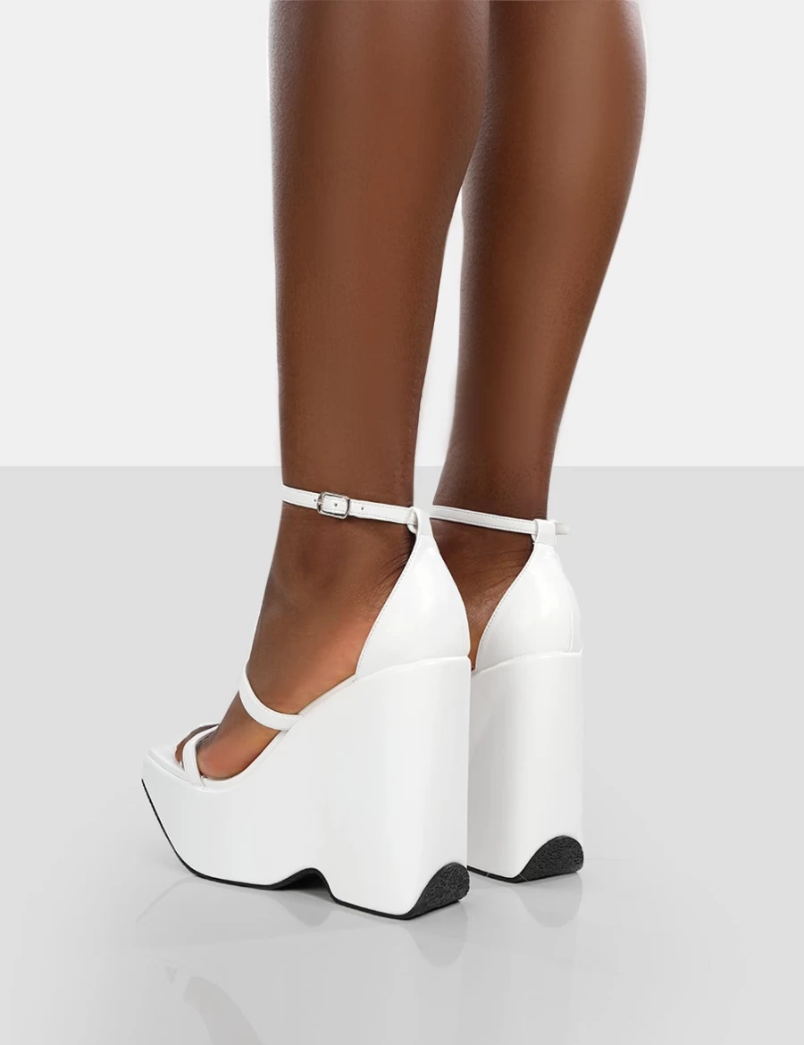 Public Desire Women's White Duke Strappy Square Toe Platform Wedge High Heels - Fashion Sandals for Women