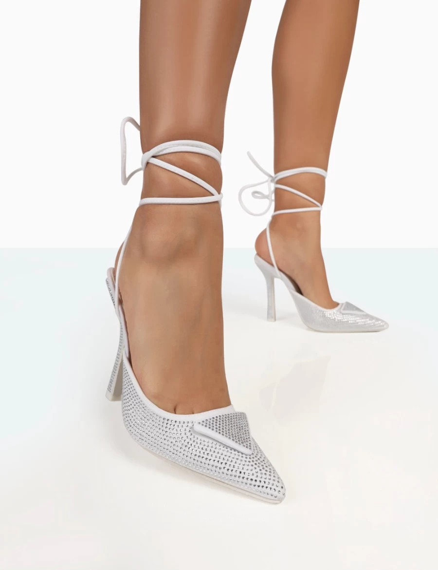 Public Desire Women's Silver Sparkly Diamante Stiletto Heels with Lace-Up & Wrap Around Design