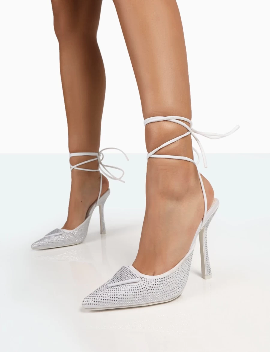 Public Desire Women's Silver Sparkly Diamante Stiletto Heels with Lace-Up & Wrap Around Design