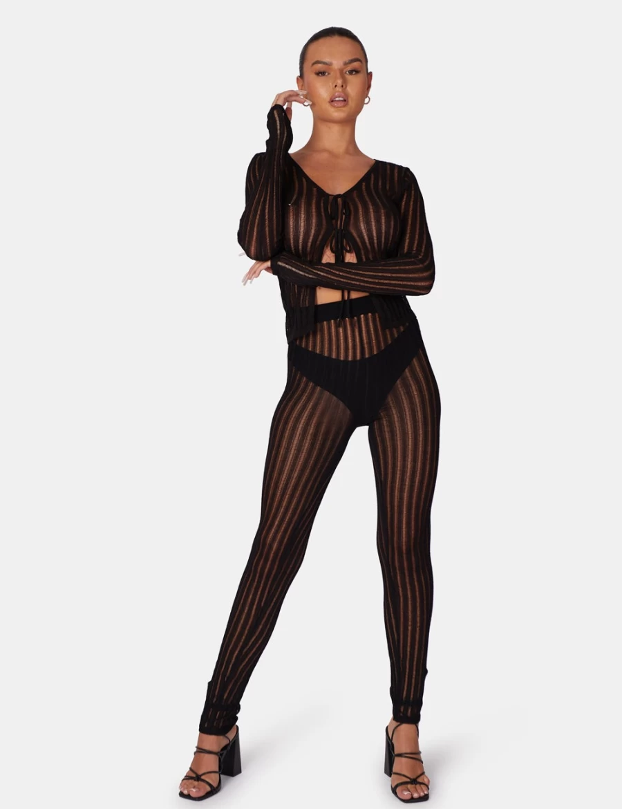Public Desire Women's Black Tie Front Ladder Stitch Long Sleeve Knit Cardigan Sweater