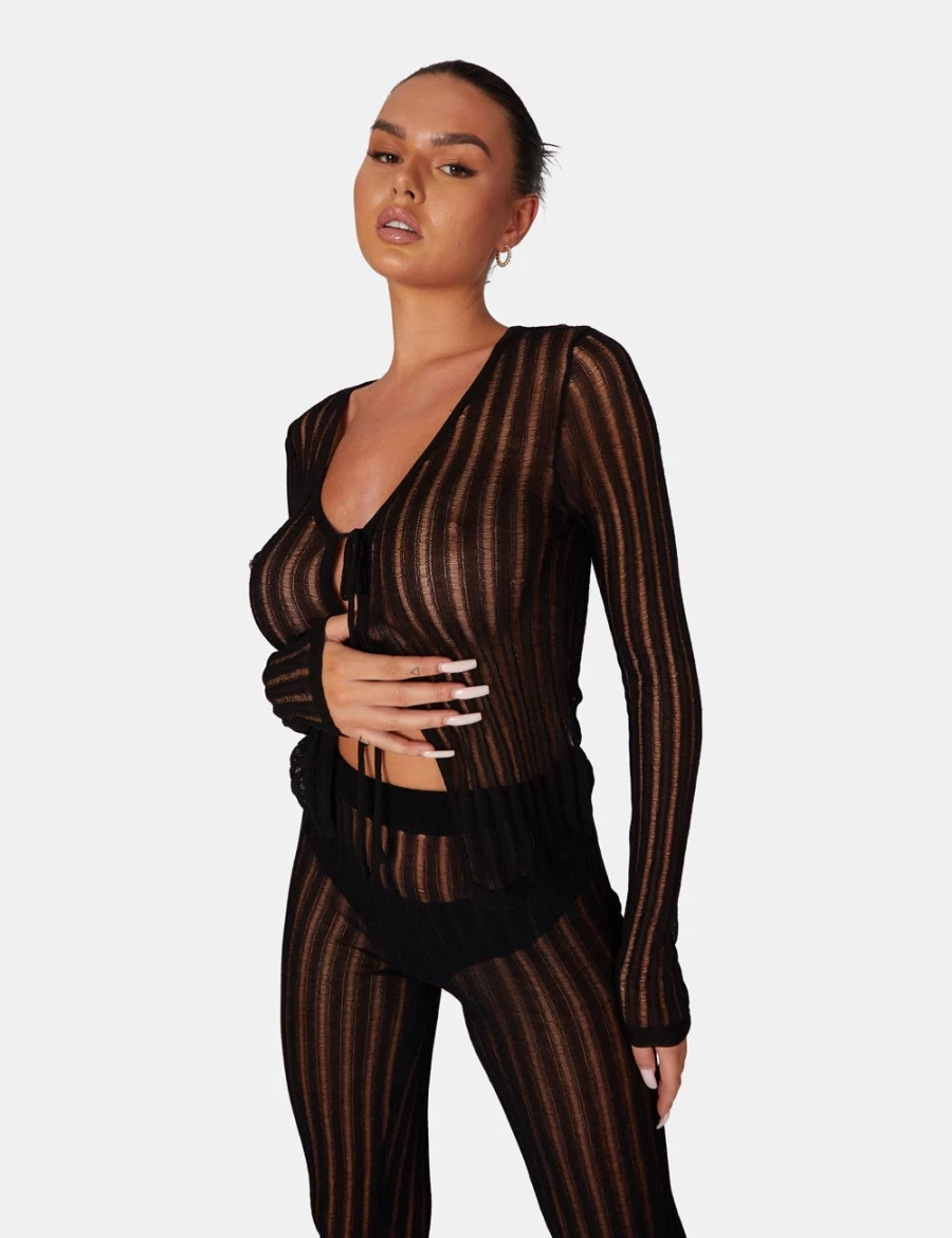 Public Desire Women's Black Tie Front Ladder Stitch Long Sleeve Knit Cardigan Sweater