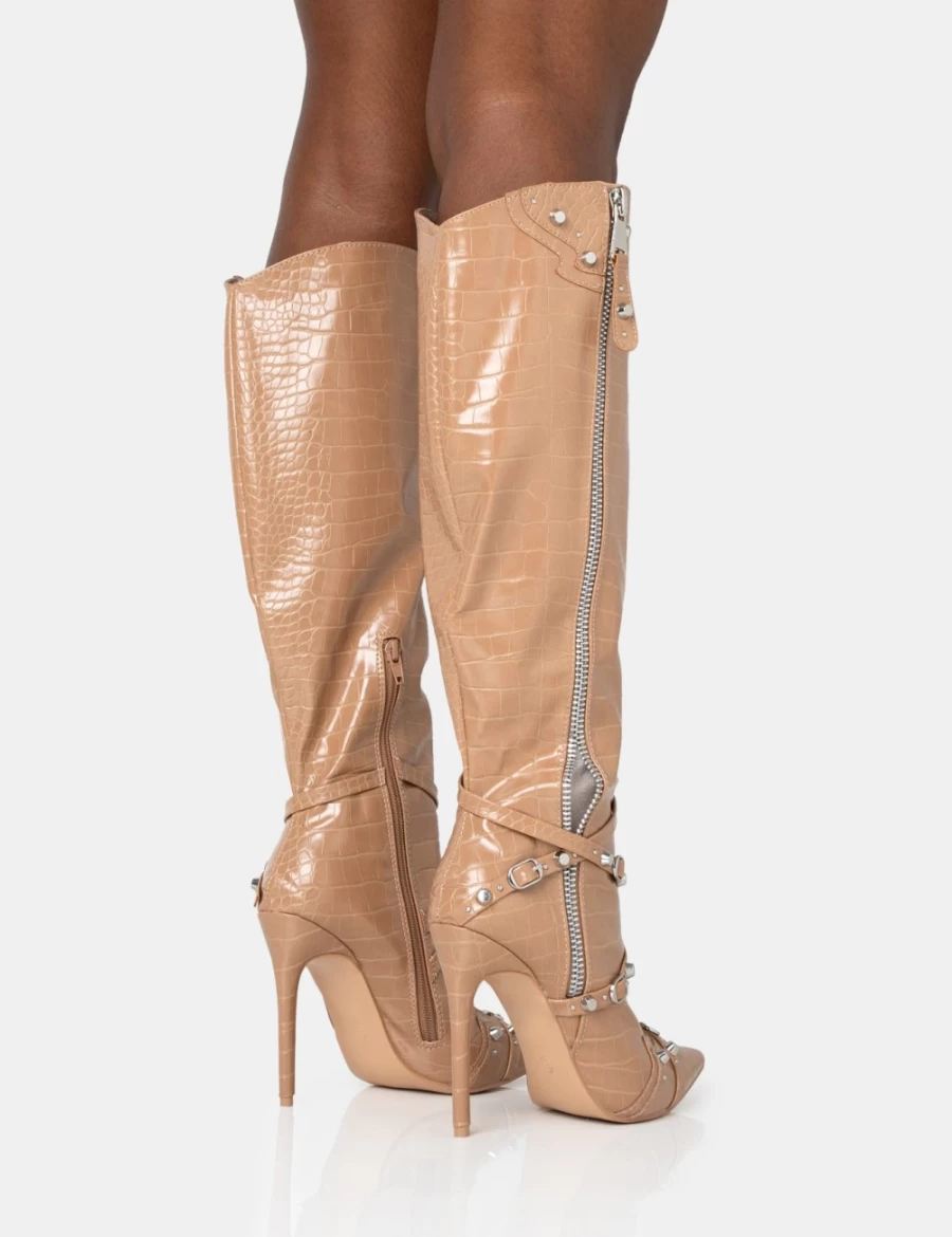 Public Desire Women's Caramel Camel Croc Studded Knee High Boots with Zip Detail & Pointed Toe Stiletto Heel