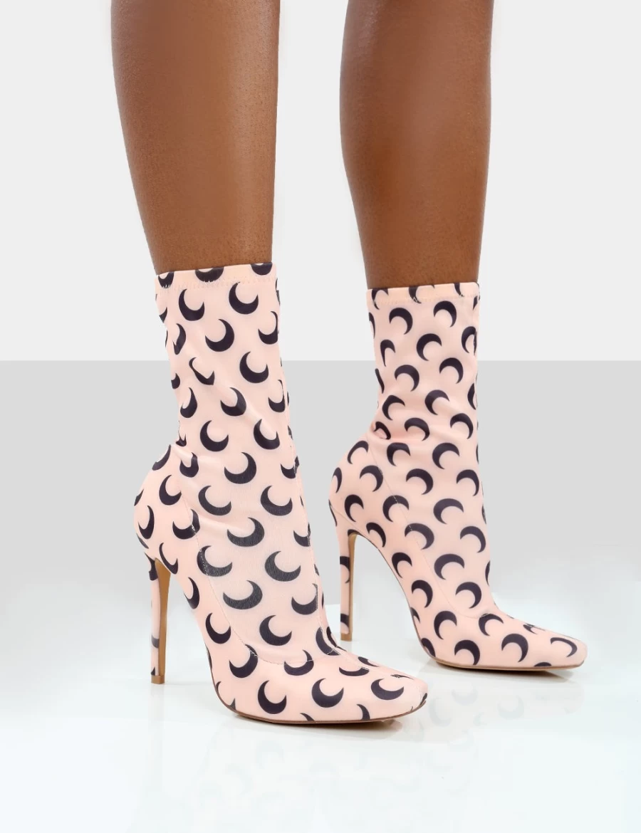 Public Desire Women's Pink Saturn Return Pointed Toe Stiletto Printed Sock Boots