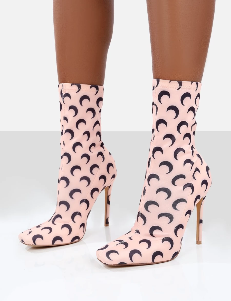 Public Desire Women's Pink Saturn Return Pointed Toe Stiletto Printed Sock Boots