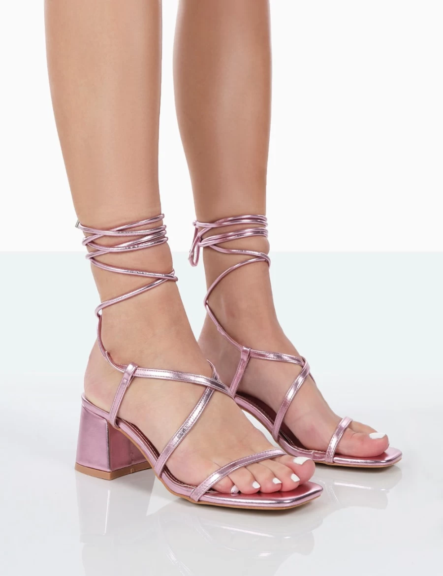 Public Desire Women's Pink Mabel Metallic Block Heel Ankle Tie Sandals