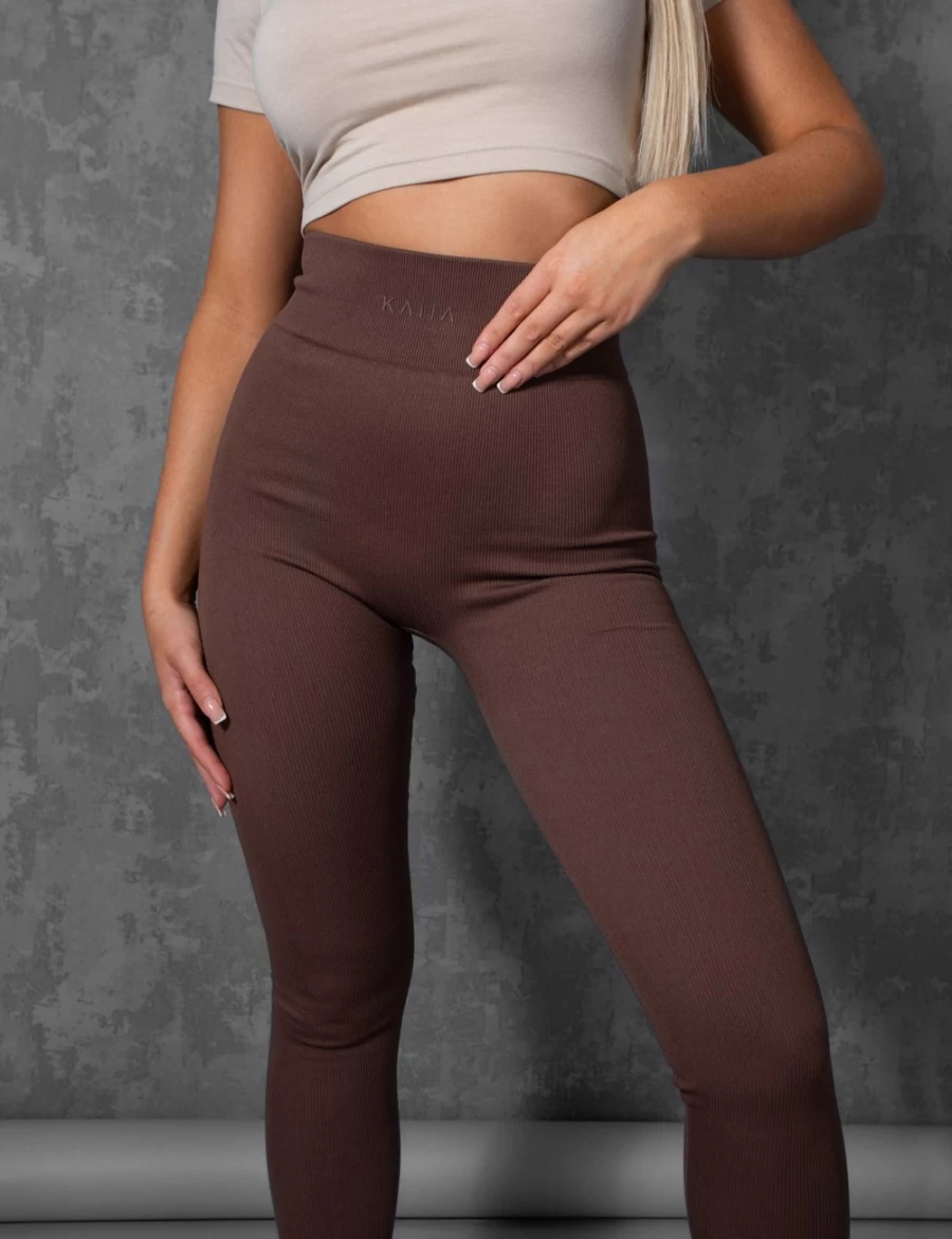 Public Desire Women's Brown Rib Seamless High-Waist Leggings - Kaiia Premium Yoga Pants