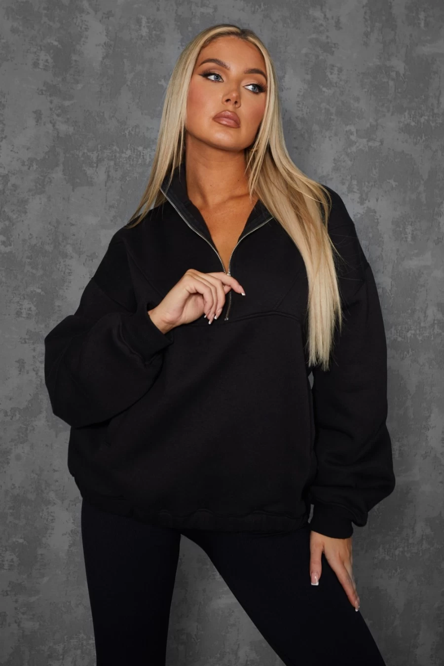 "Public Desire Women's Black Oversized Half Zip Pullover Sweatshirt with Front Pocket"