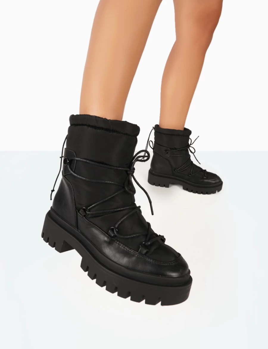 Public Desire Women's Black Snowy Chunky Sole Lace-Up Ankle Boots - Winter Snow Boots