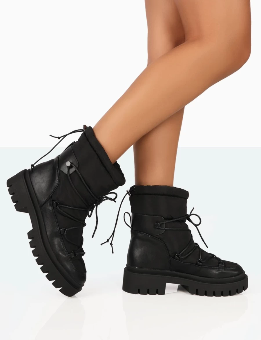 Public Desire Women's Black Snowy Chunky Sole Lace-Up Ankle Boots - Winter Snow Boots