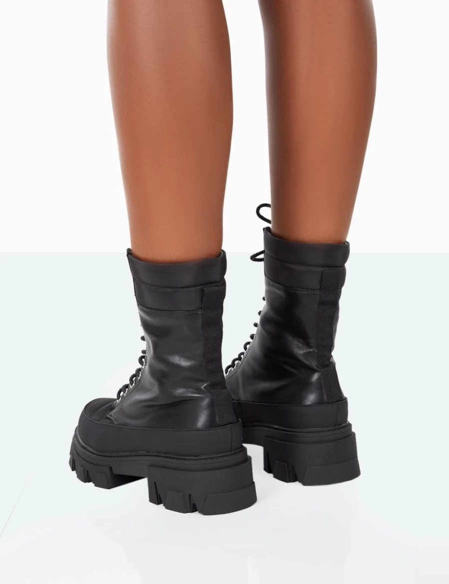Public Desire Women's Black Refresh PU Nylon Chunky Platform Ankle Boots with Lace-Up Design