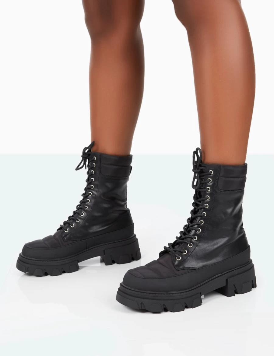 Public Desire Women's Black Refresh PU Nylon Chunky Platform Ankle Boots with Lace-Up Design