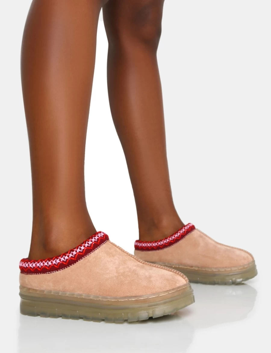 Public Desire Women's Beige Nala Faux Suede Embroidered Platform Boots