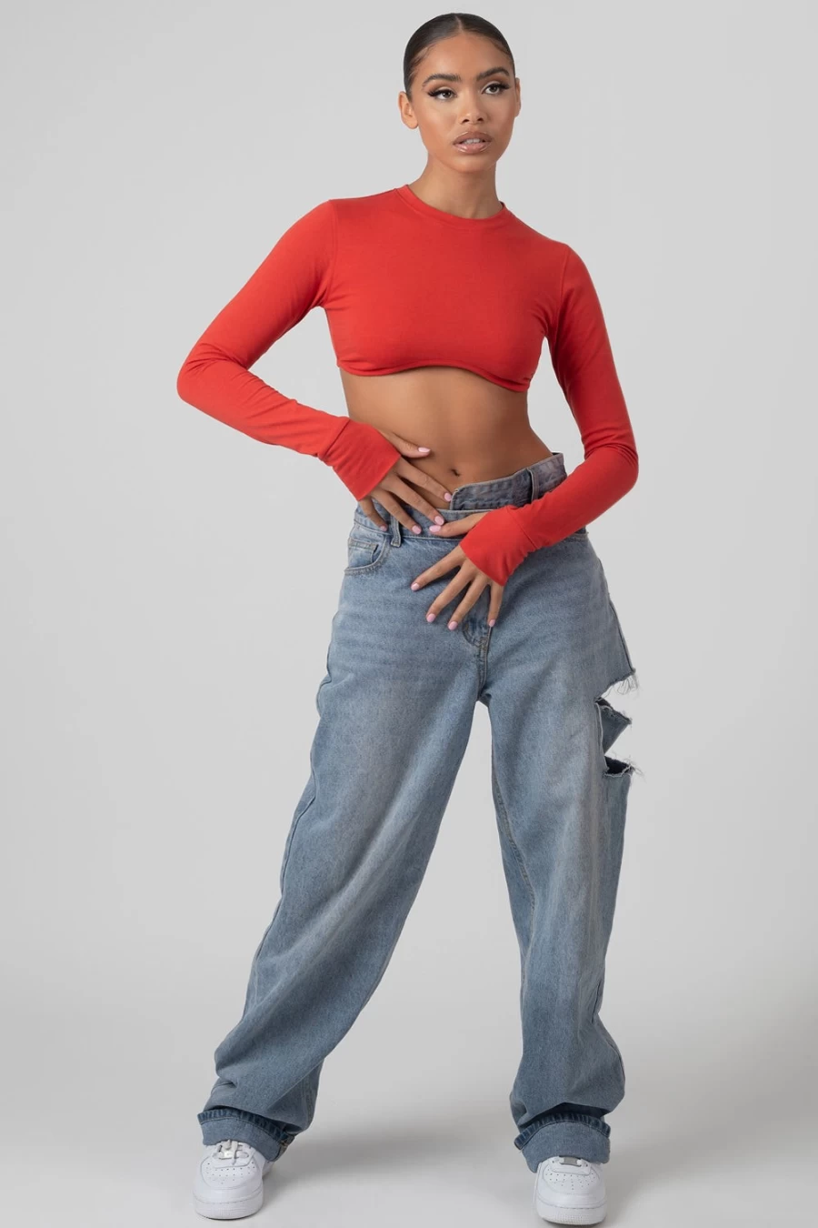 "Public Desire Women's Red Long Sleeve Underbust Corset Top"