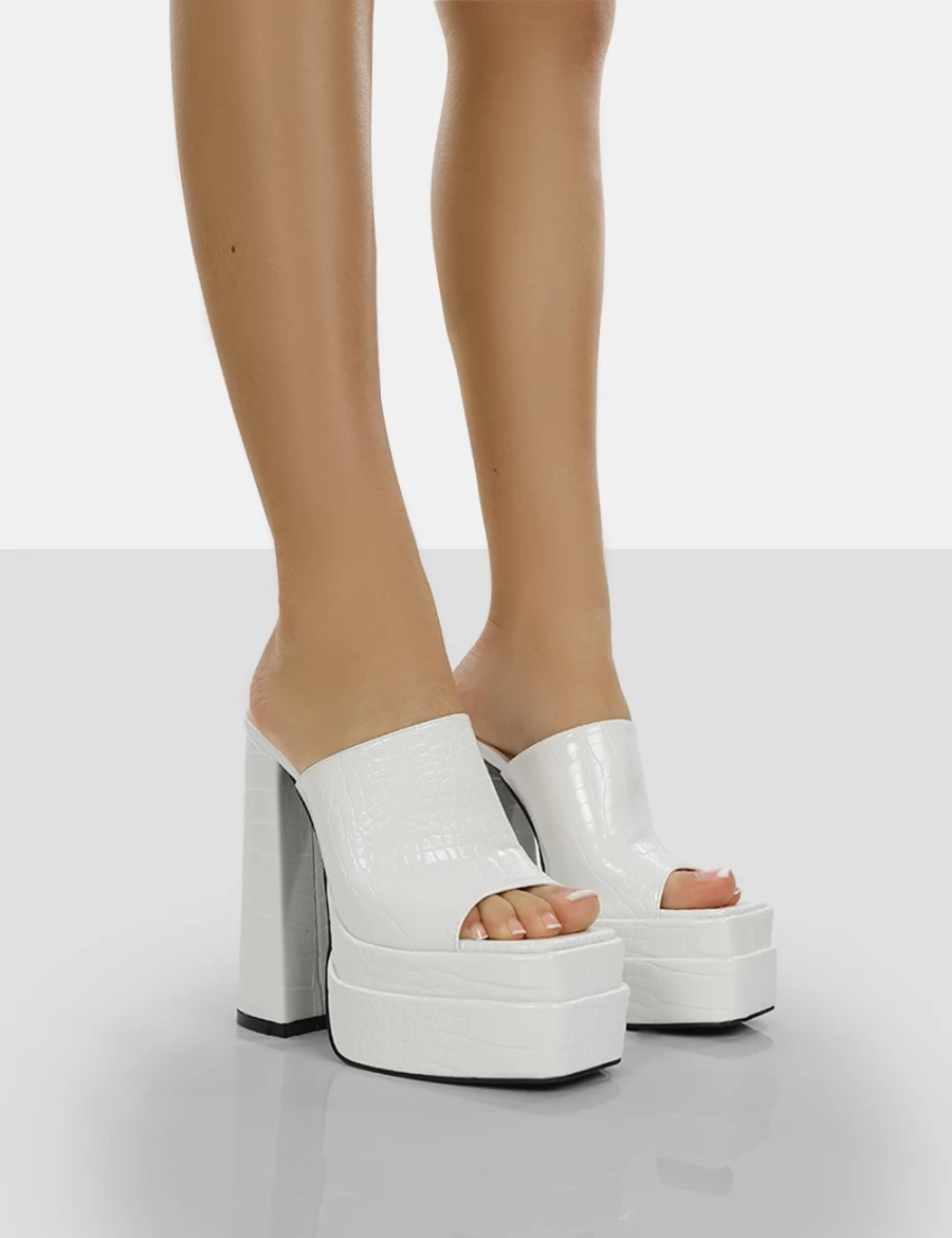 Public Desire Women's White Sky High Croc Chunky Platform Heel Mules Sandals