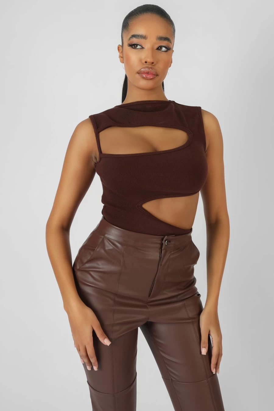 Public Desire Women's Chocolate Asymmetric Cut Away Bodysuit - Sexy One-Piece Lingerie