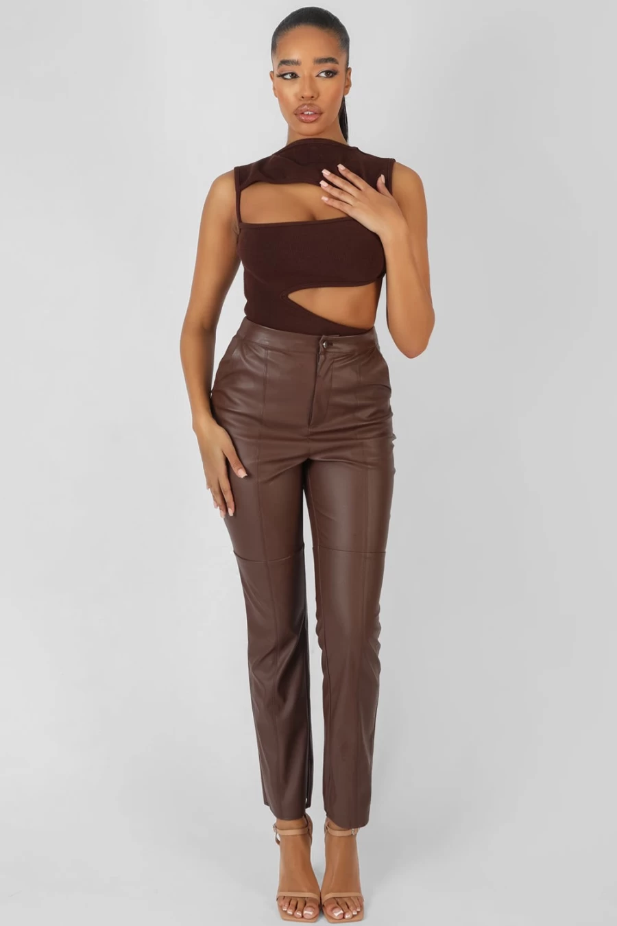 Public Desire Women's Chocolate Asymmetric Cut Away Bodysuit - Sexy One-Piece Lingerie