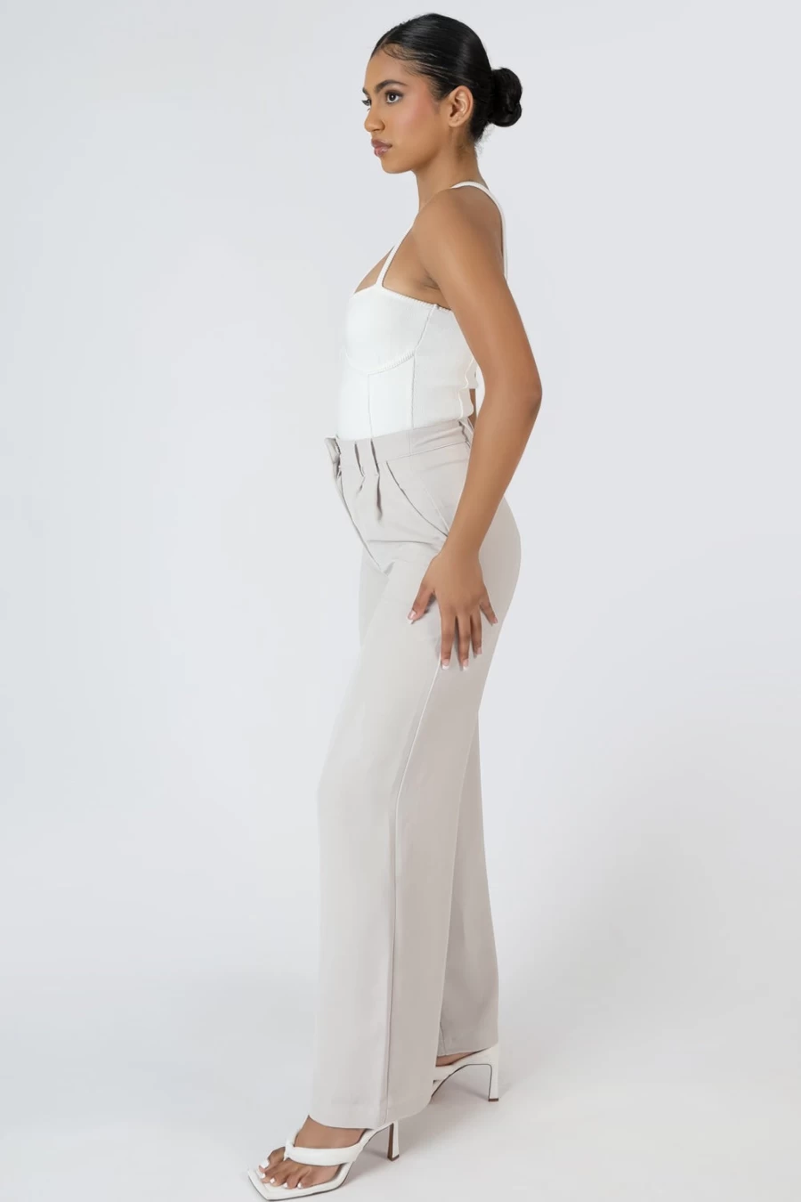 Public Desire Women's Beige High Waist Wide Leg Tailored Trousers