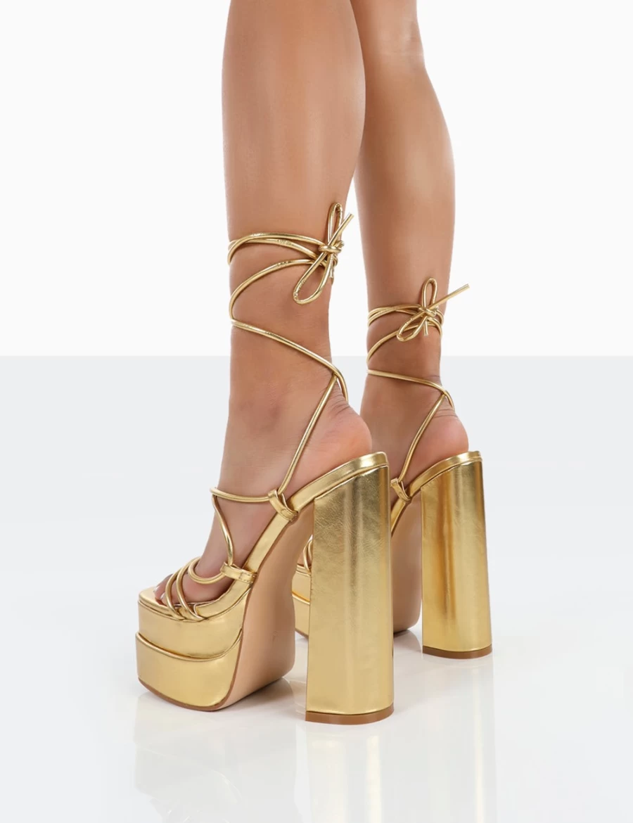 Public Desire Women's Gold Glow Girl PU Lace Up Platform High Heels