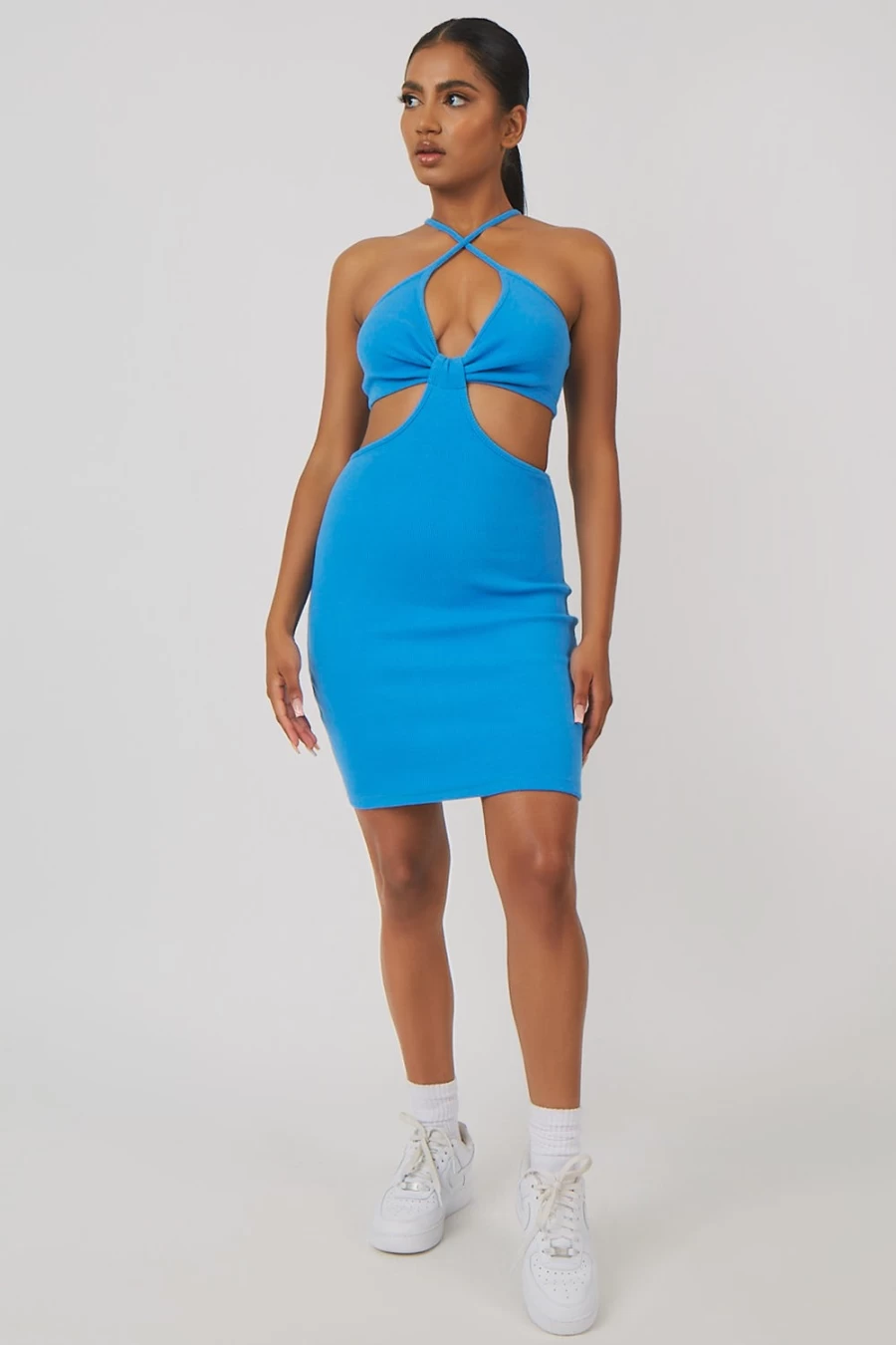 Public Desire Women's Blue Rib Ruched Bust Cut Out Mini Dress - Sexy Bodycon Party Outfit