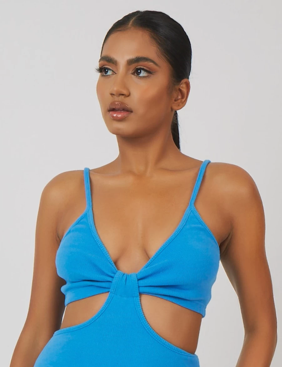 Public Desire Women's Blue Rib Ruched Bust Cut Out Mini Dress - Sexy Bodycon Party Outfit