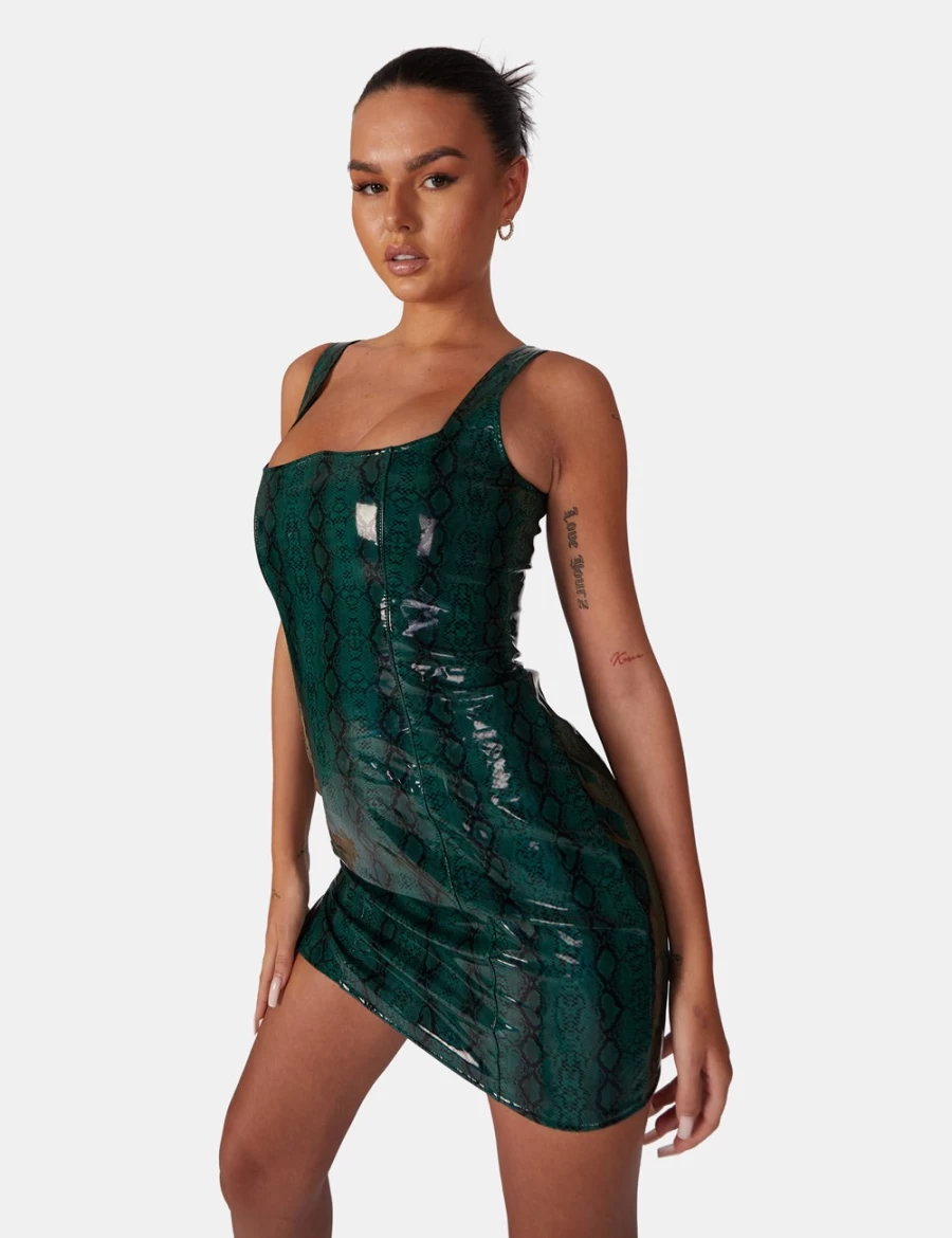 Public Desire Women's Green Snake Print PU Corset Mini Dress