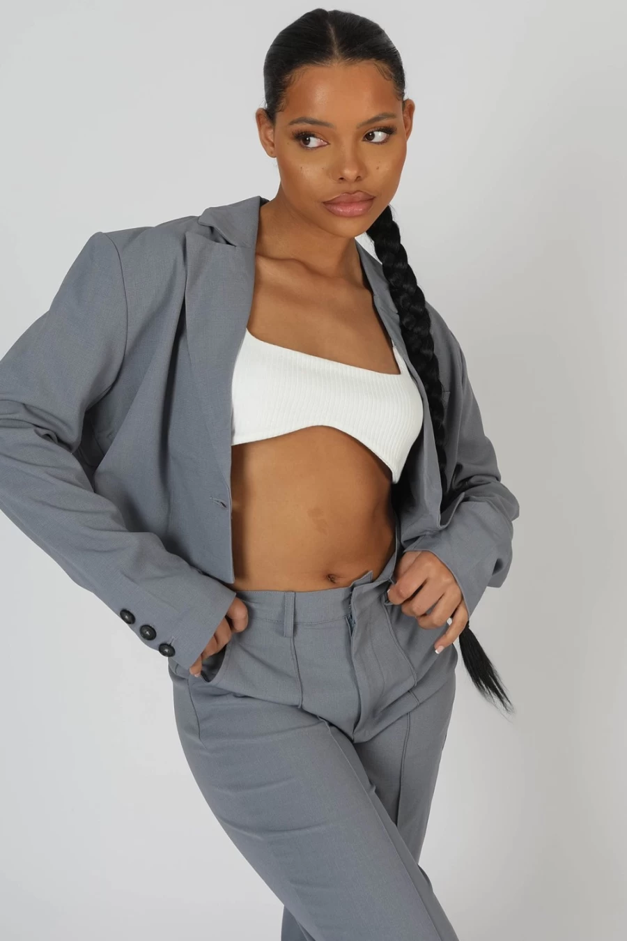 "Public Desire Women's Grey Oversized Boxy Cropped Blazer Jacket"