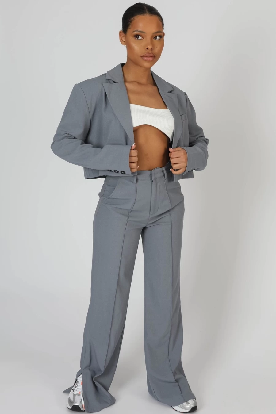 "Public Desire Women's Grey Oversized Boxy Cropped Blazer Jacket"