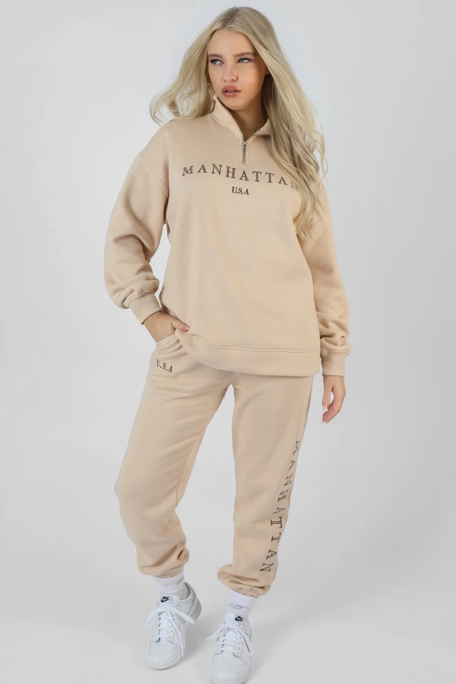 Public Desire Women's Stone 90s High-Waisted Joggers - Retro Manhattan Slogan Sweatpants