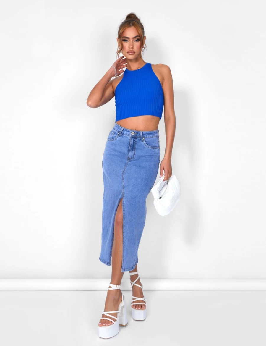 Public Desire Women's Blue Knitted Ribbed Racerback Top - Cobalt Slim Fit Cropped Sweater