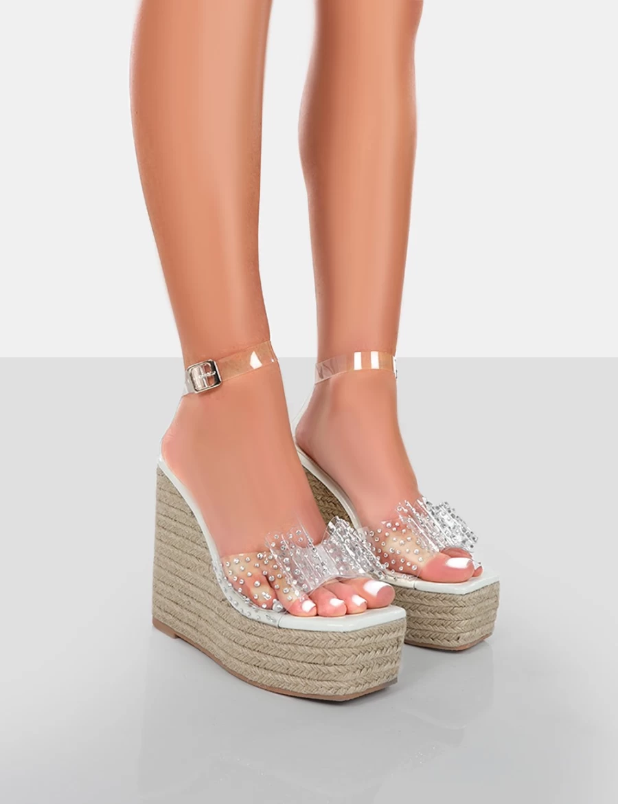 Public Desire Women's White Ocean Beach Bow Platform Wedge Heels - Patent Leather Summer Sandals