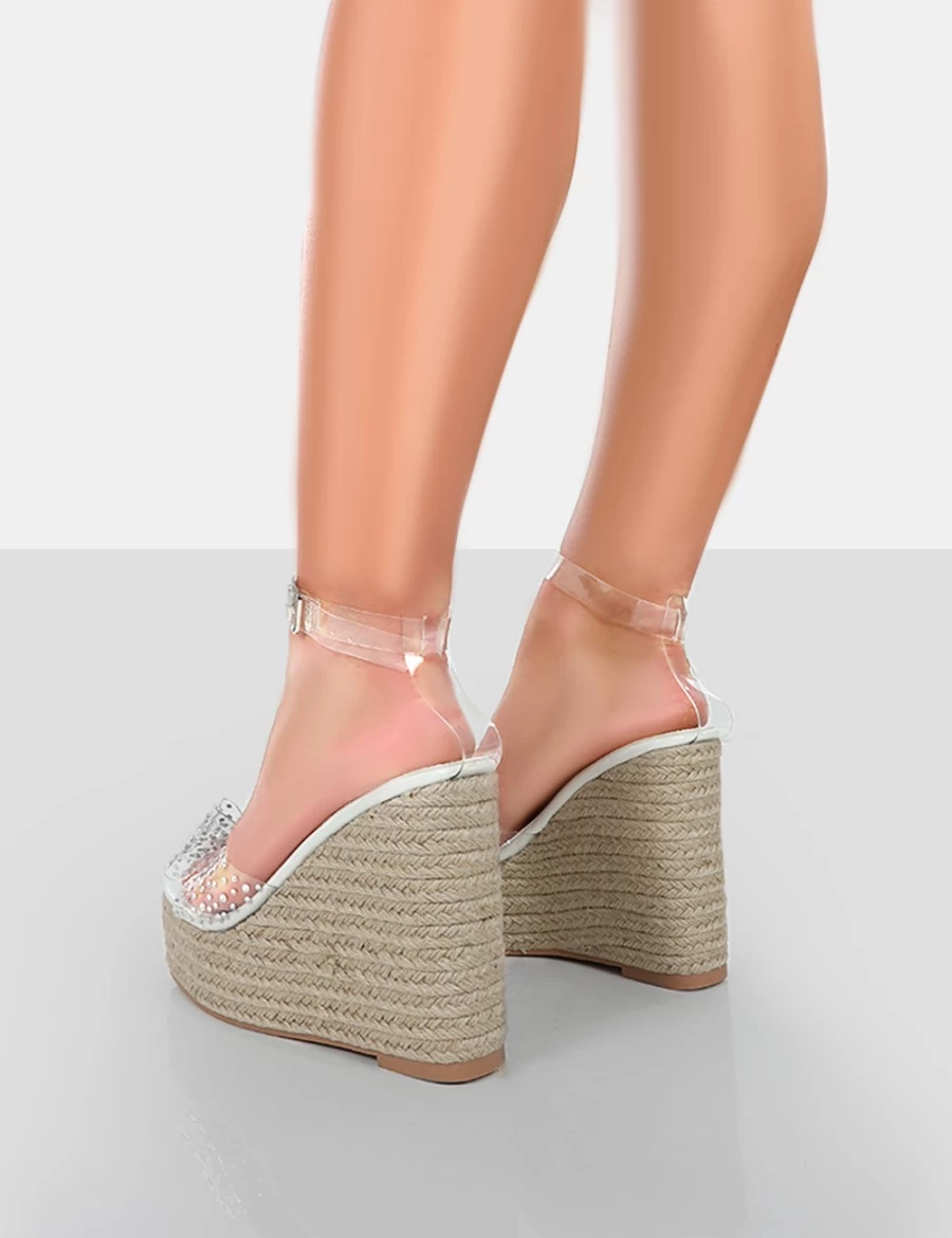 Public Desire Women's White Ocean Beach Bow Platform Wedge Heels - Patent Leather Summer Sandals
