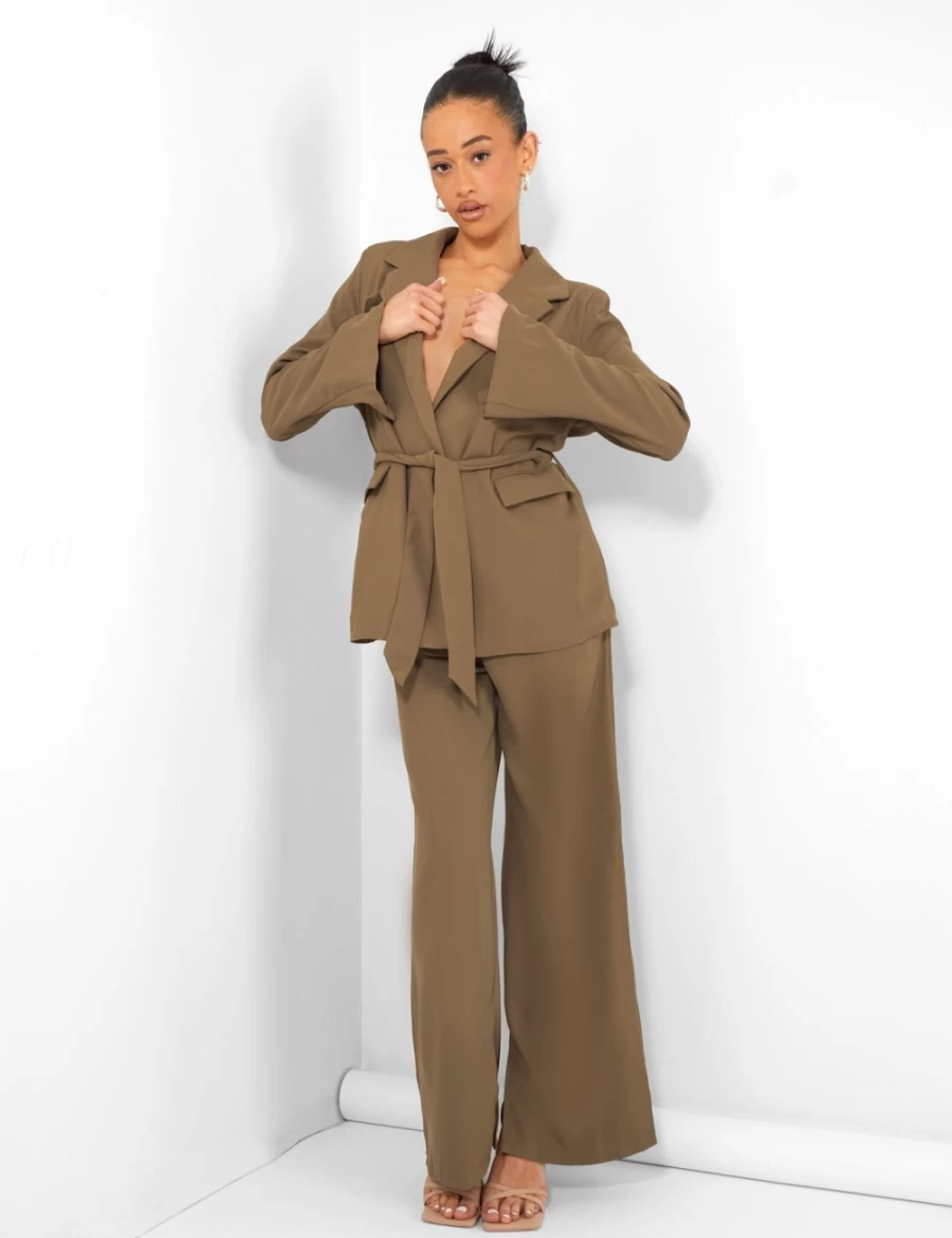 "Public Desire Women's Khaki Tie Waist Blazer | Stylish Tailored Jacket for Women"