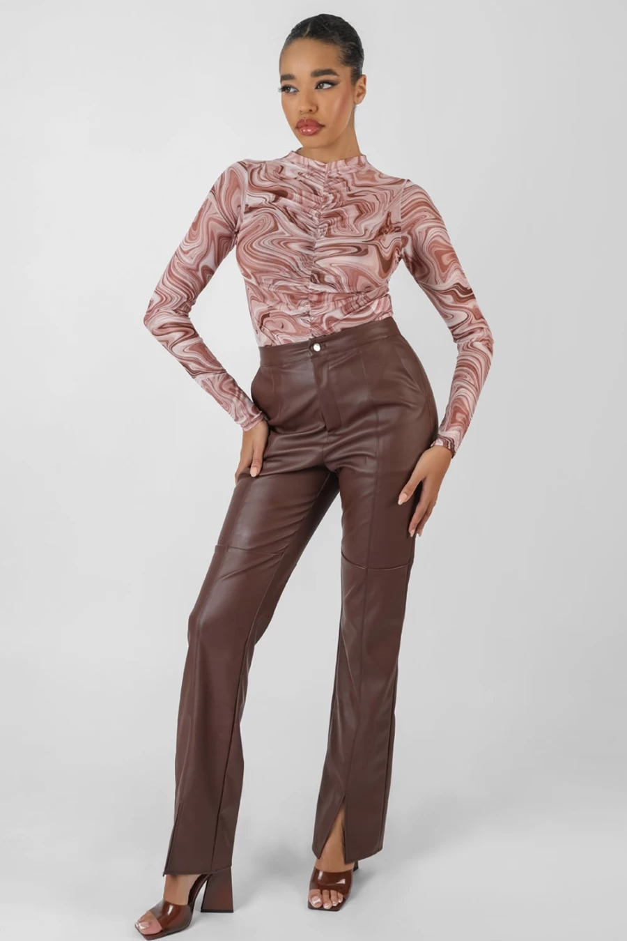 Public Desire Women's Brown Printed Mesh High Neck Bodysuit
