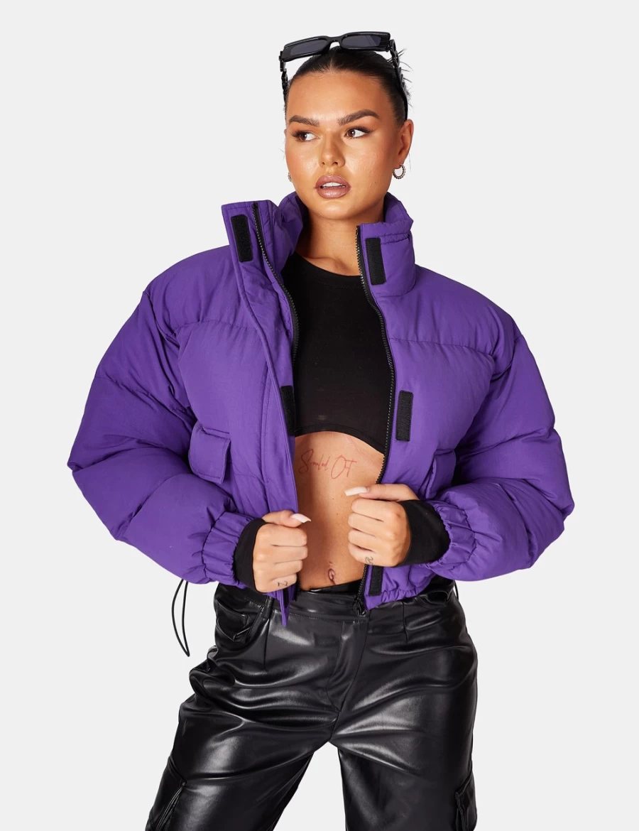 "Public Desire Women's Purple Cropped Puffer Jacket with Pocket Detail"