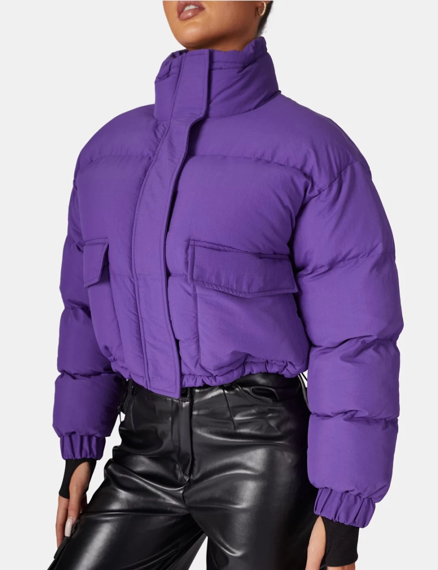 "Public Desire Women's Purple Cropped Puffer Jacket with Pocket Detail"