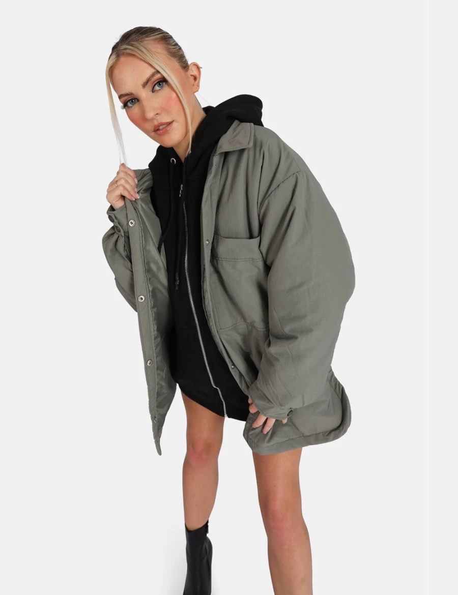 Public Desire Women's Grey Oversized Padded Shacket - Cozy Slate Winter Coat