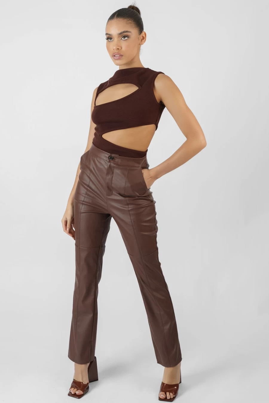 Public Desire Women's Chocolate PU Trousers with Seam Front & Split Detail