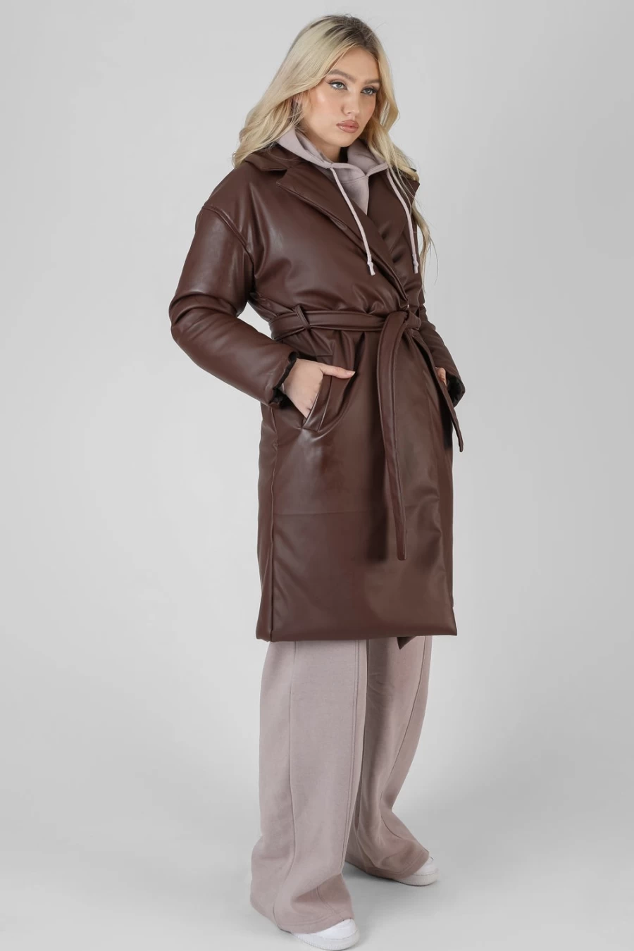 Women's Brown PU Padded Trench Coat by Public Desire - Chocolate Color Fashion Outerwear