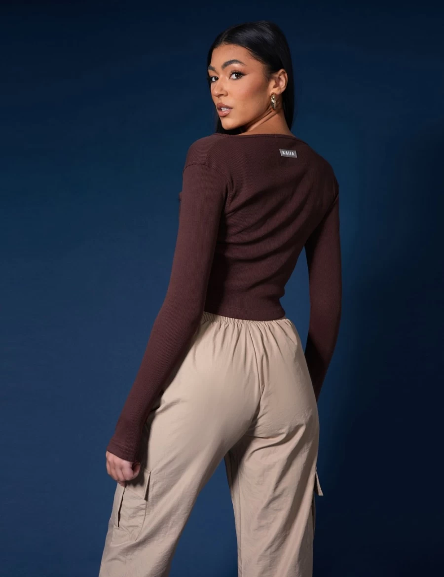 Public Desire Women's Chocolate Double Ended Zip Kaiia Sport Top - Workout & Fitness Crop Top