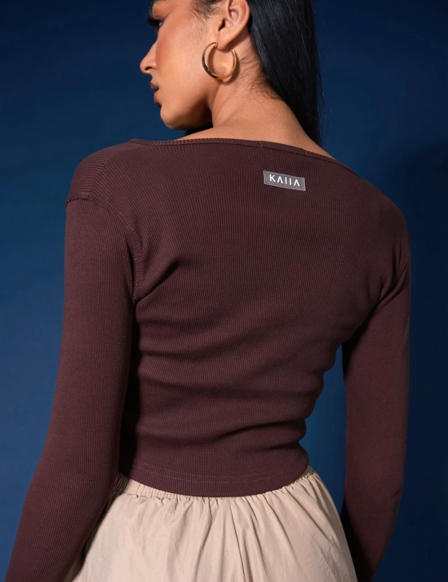 Public Desire Women's Chocolate Double Ended Zip Kaiia Sport Top - Workout & Fitness Crop Top