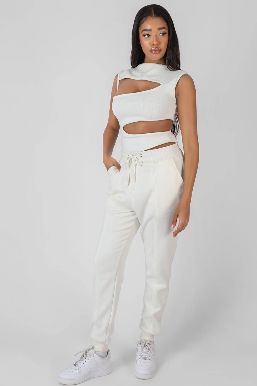 "Public Desire Women's White Oversized 90s Seam Front Joggers - Ecru Casual Trousers"