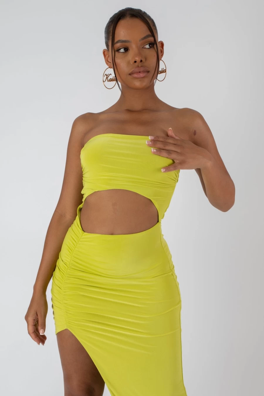 Public Desire Women's Lime Split Side Bandeau Slinky Maxi Dress