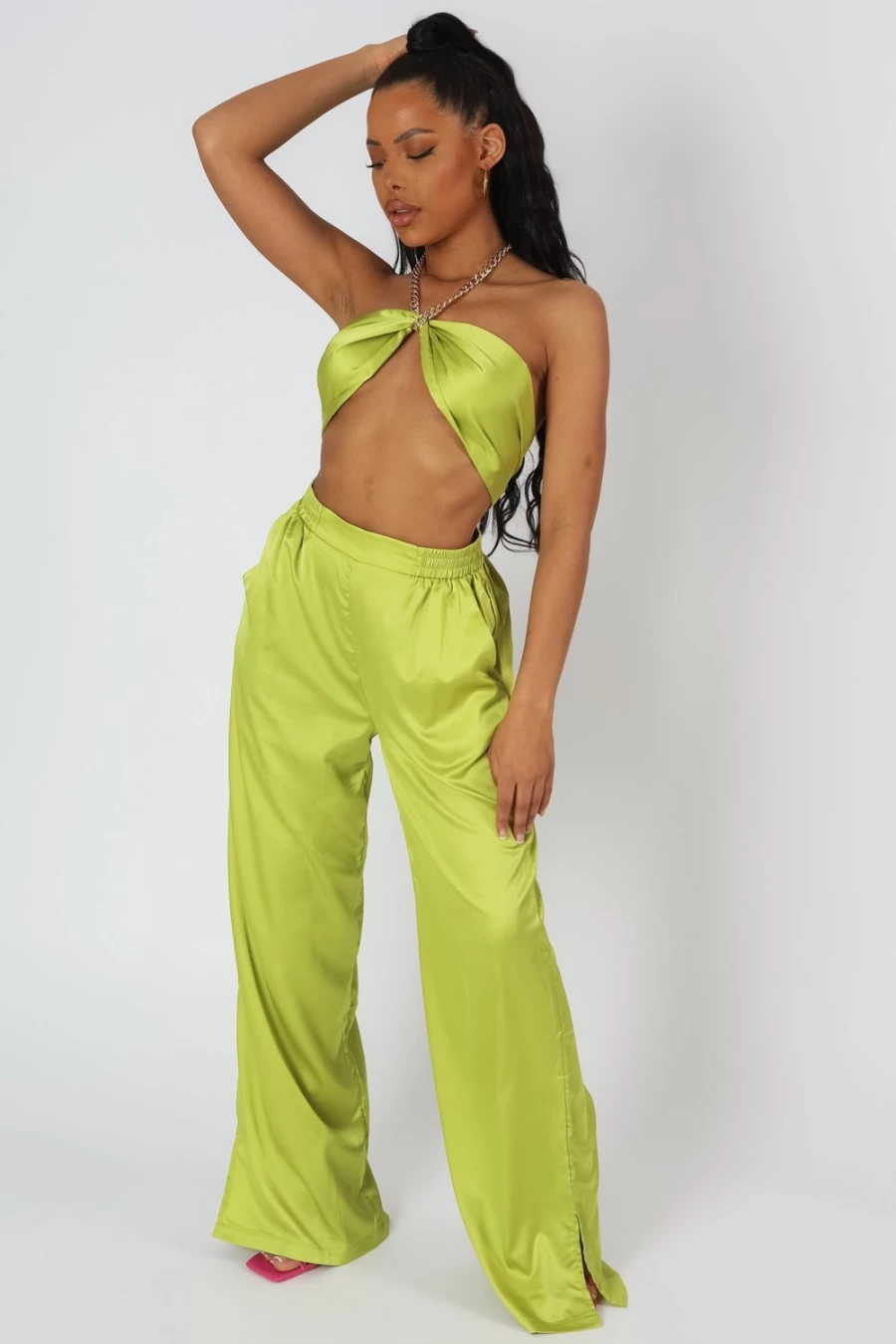 "Public Desire Women's Lime Satin Wide Leg Trousers"