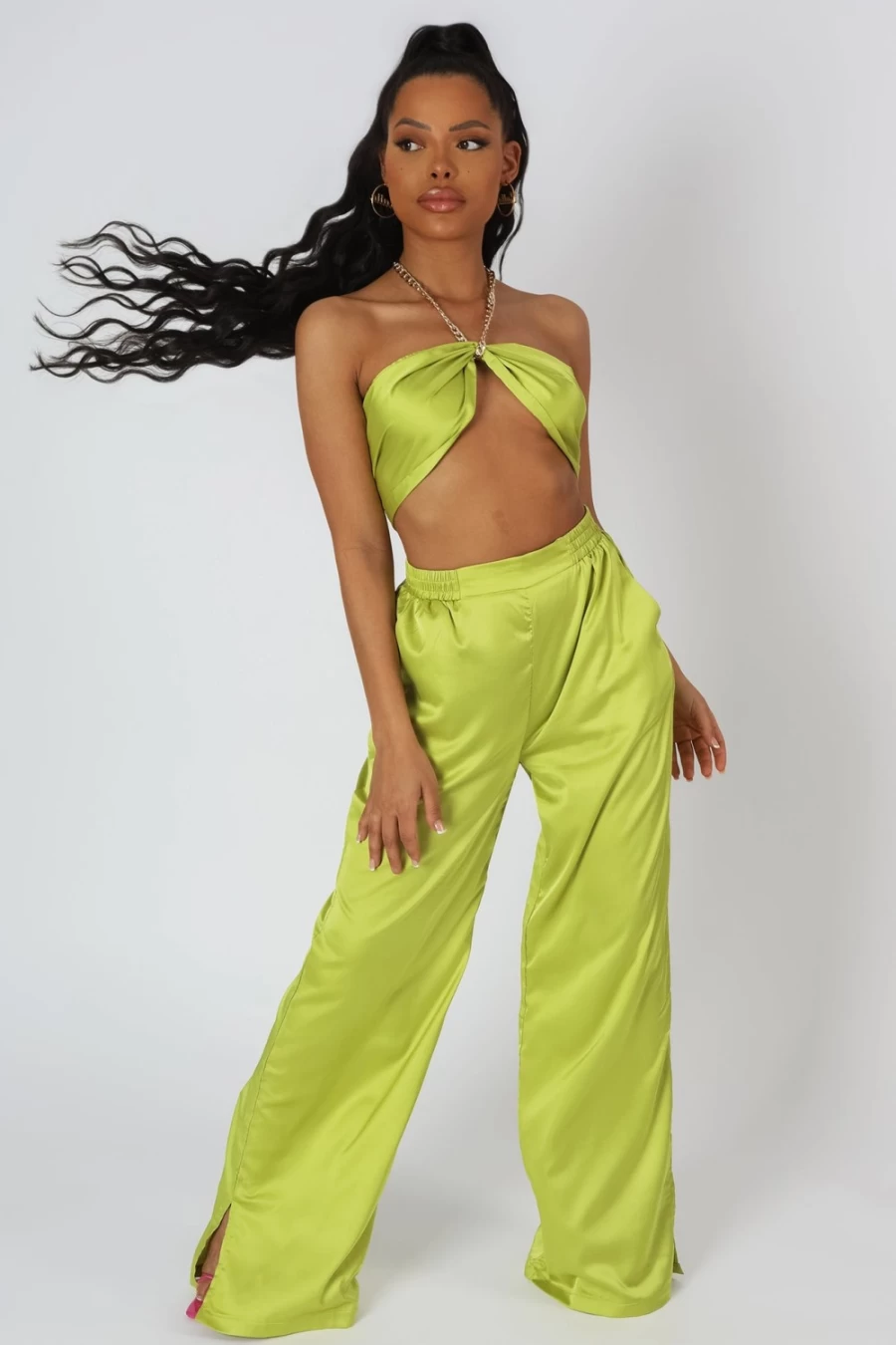 "Public Desire Women's Lime Satin Wide Leg Trousers"