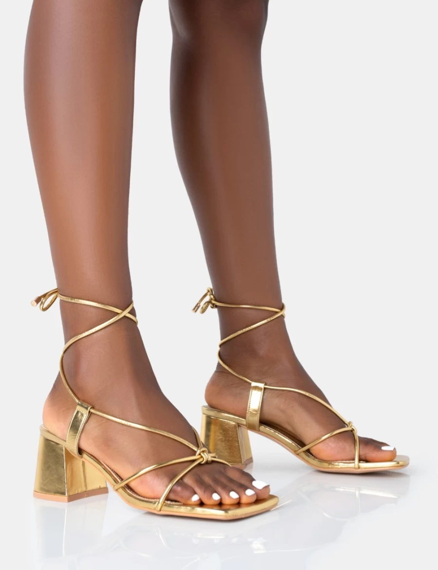 Public Desire Women's Gold Aloha Pu Lace Up Block Mid Heel Sandals